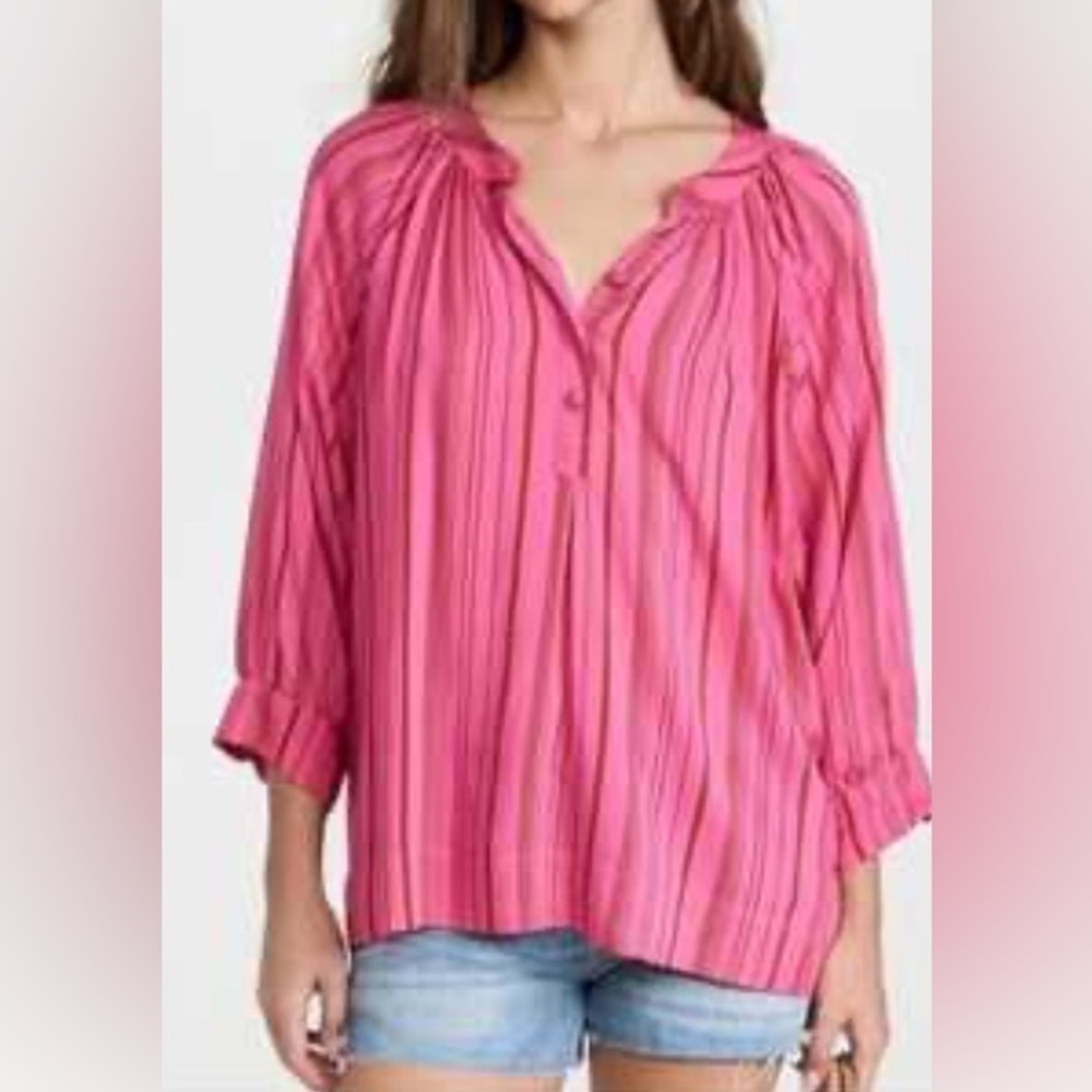 Natalie Martin Quarter Sleeve Striped V Neck Blouse Red & Pink Size Small